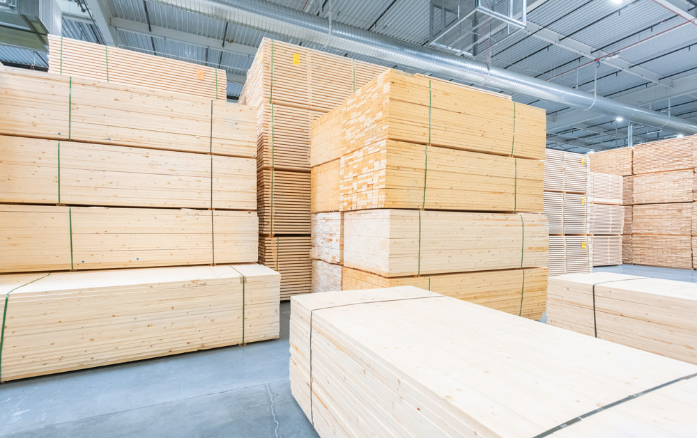 Mercer Mass Timber factory stacked with CLT products.