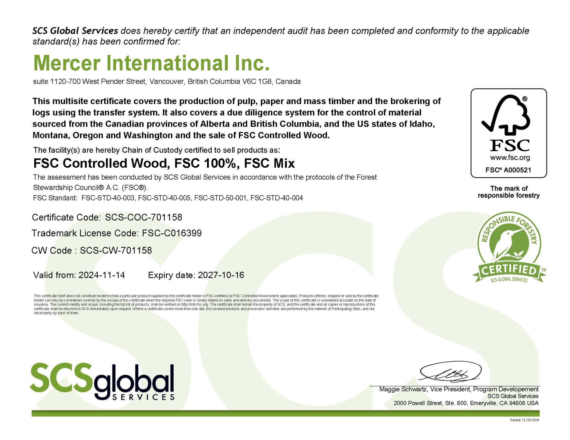 Fsc Certification Sample FSC Chain of Custody Certificate | Mercer Mass Timber